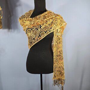 Gold Lace Shawl - overall length 71" including 2 fringes of 3 1/2", 21" Wide